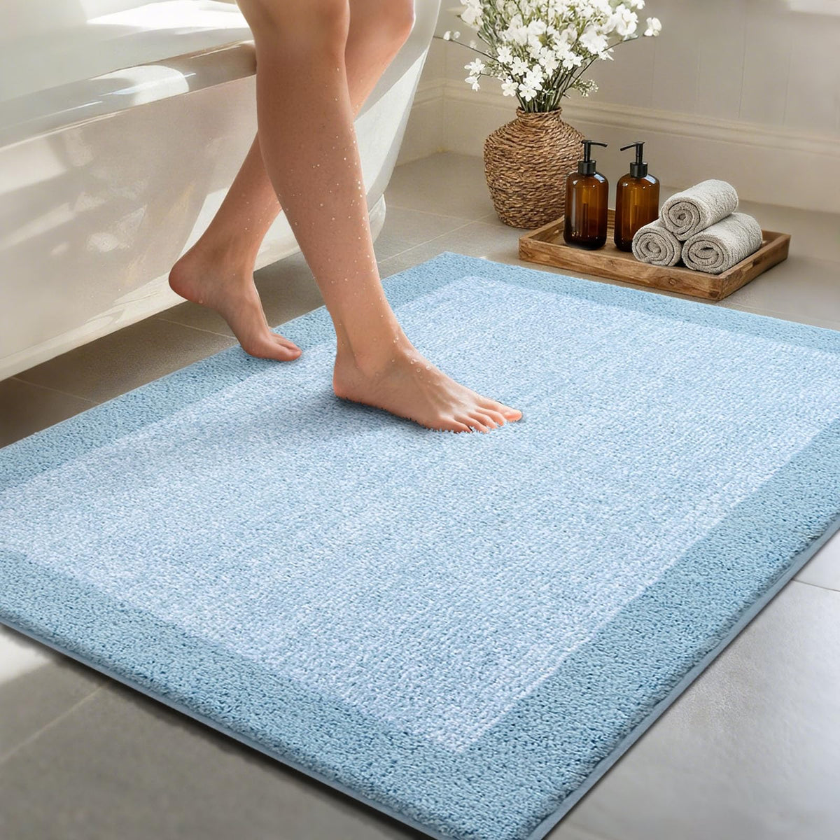 48x24 Long Bathroom Rugs Non Slip Washable, Soft Absorbent Bath Mat Blue