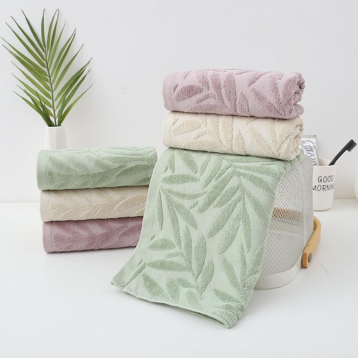 Pidada Leaf Absorbent Soft Hand Towels for Bathroom Set of 2,Light Brown
