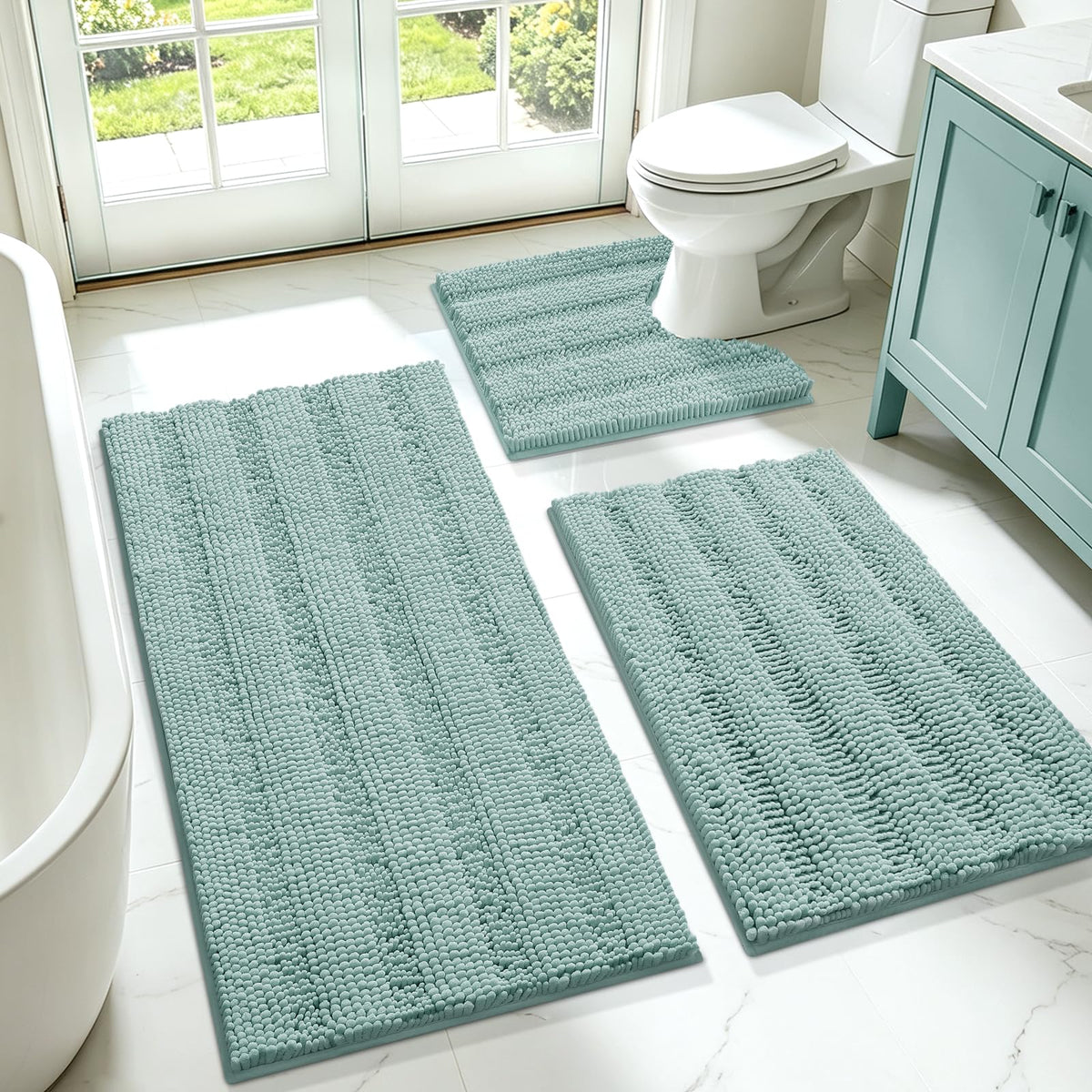 ACCUMTEK Christmas Striped Pink Bathroom Rug Set 3 Pieces Ultra Soft, Non Slip Chenille Toilet Mat, Absorbent Plush Shaggy Bath Mats for Bathroom, Bedroom, Kitchen