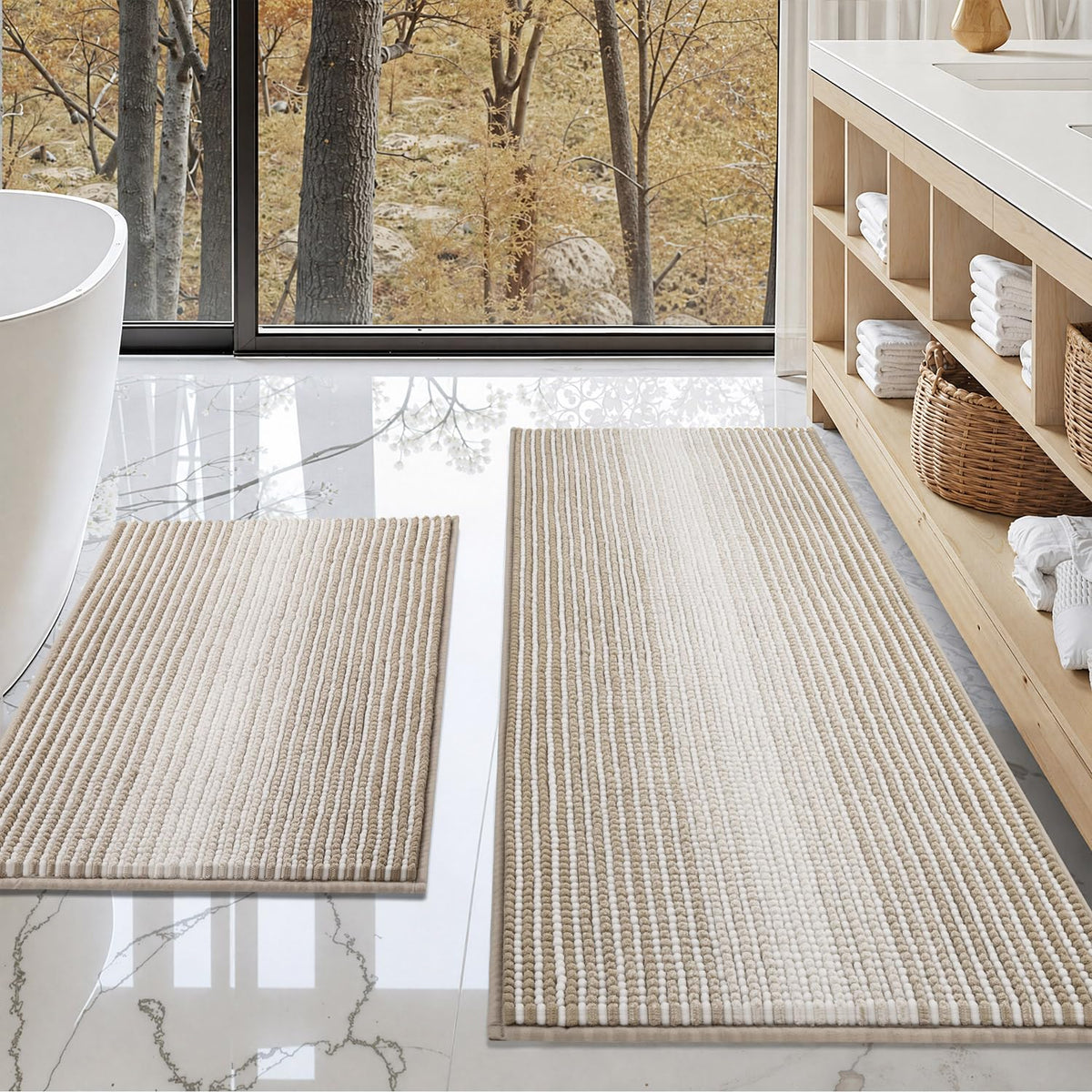 BSICPRO Large Chenille Bathroom Rugs Runner, 20x47 Striped Bath Mats, Beige