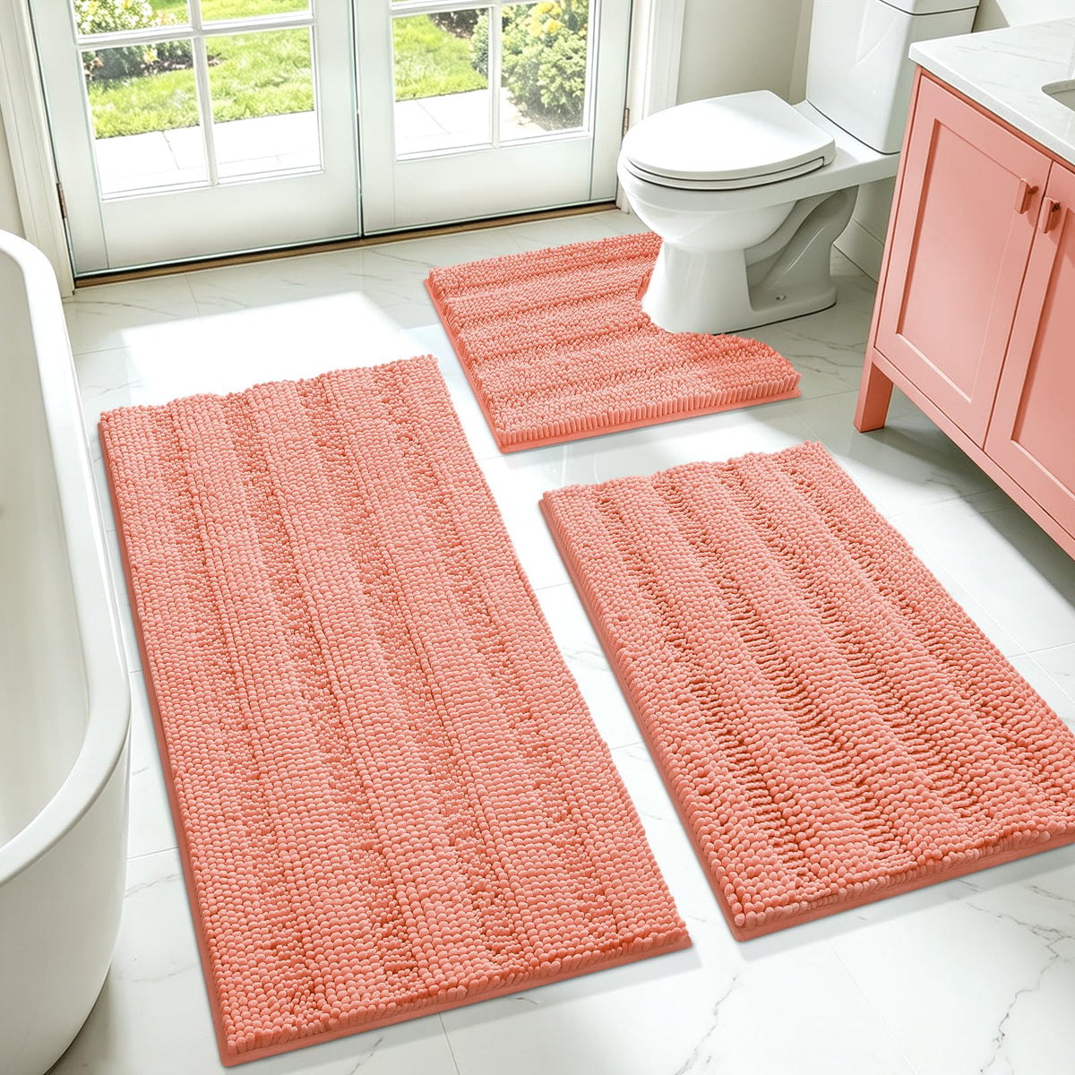 ACCUMTEK Christmas Striped Pink Bathroom Rug Set 3 Pieces Ultra Soft, Non Slip Chenille Toilet Mat, Absorbent Plush Shaggy Bath Mats for Bathroom, Bedroom, Kitchen