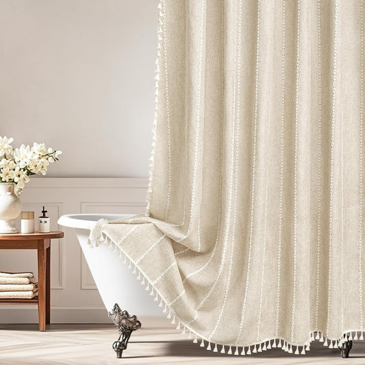 Seenus Boho Farmhouse Linen Shower Curtain with Tassels, Heavyweight Soft Fabric Shower Curtain Beige Water Repellent, 72 x 72 Inch Cream Elegant Bathroom Decor Shower Curtains Cotton Striped
