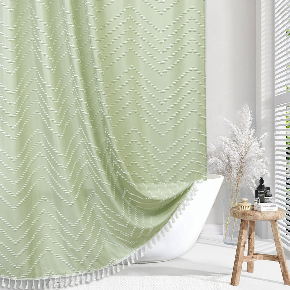 Siiluminisoy Boho Shower Curtain with Tassel Woven Fabric Olive Green Shower Curtain 72 x 72 Modern Farmhouse Textured Tufted Chevron Striped Minimalist Bathroom Shower Curtains