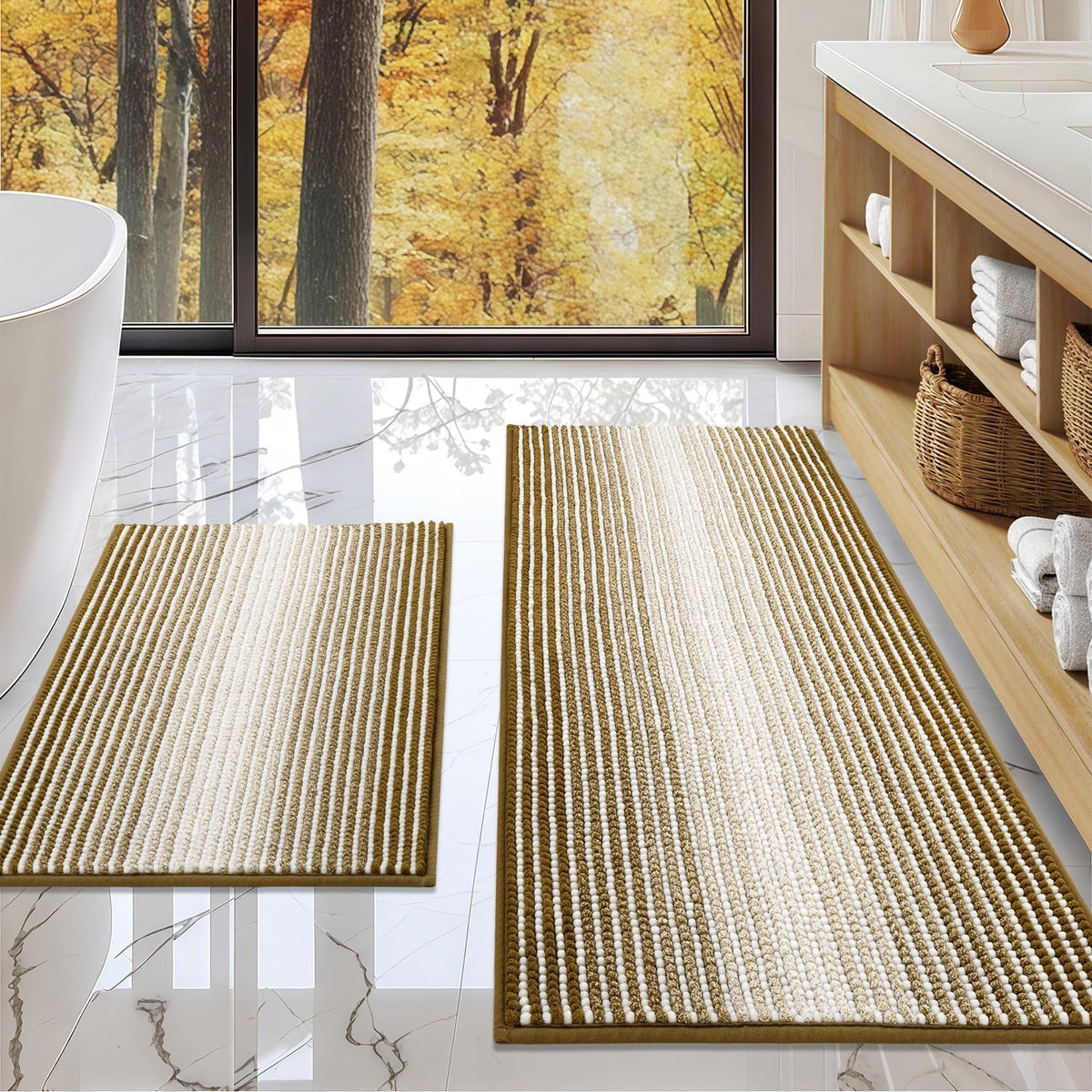 BSICPRO Large Chenille Bathroom Rugs Runner, 20x47 Striped Bath Mats, Beige