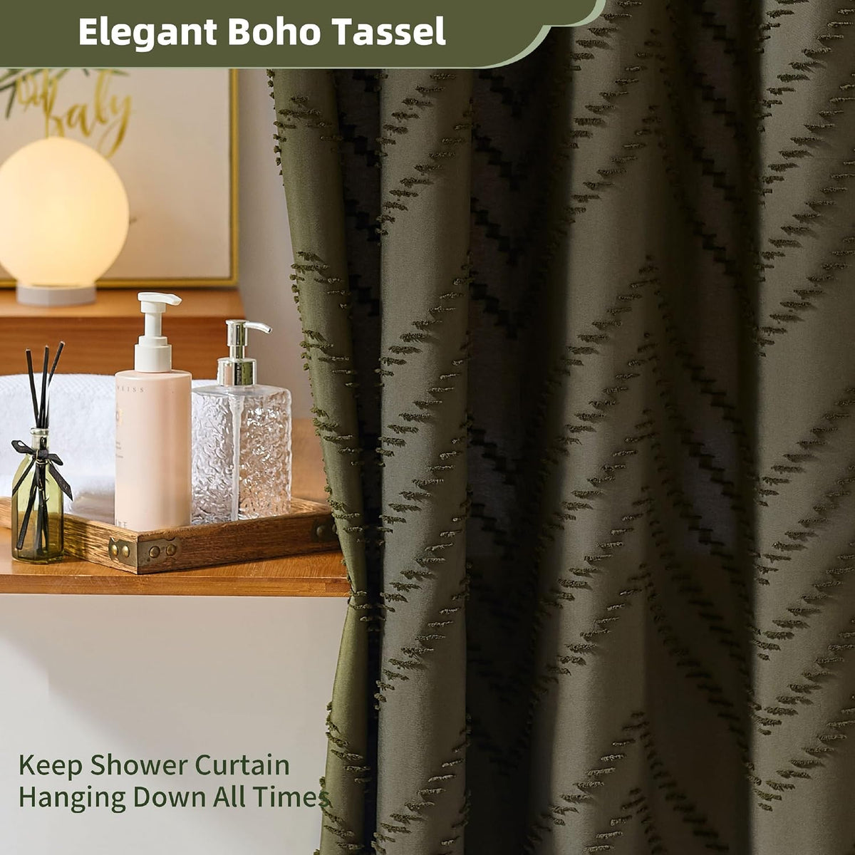 Siiluminisoy Boho Shower Curtain with Tassel Woven Fabric Olive Green Shower Curtain 72 x 72 Modern Farmhouse Textured Tufted Chevron Striped Minimalist Bathroom Shower Curtains