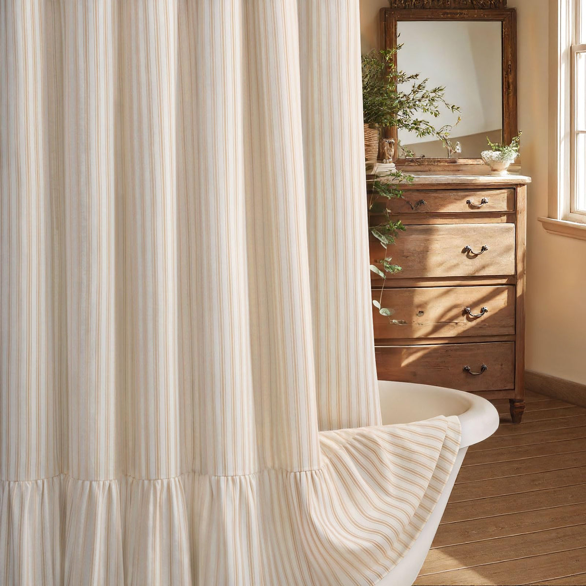 Farmhouse Shower Curtain Ruffle Linen Beige 72" W x 72" L