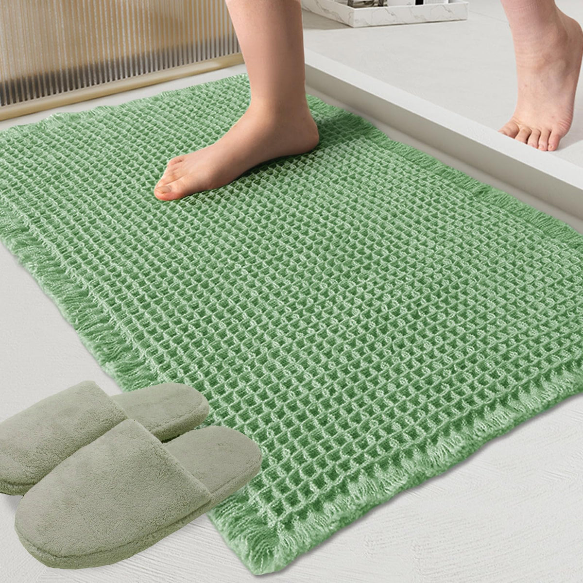 ZALL Waffle Bath Mat,Dark Green Super Absorbent Non Slip Bathroom Rug,17x24inch,Machine Washable Ultra Soft Floor Mats