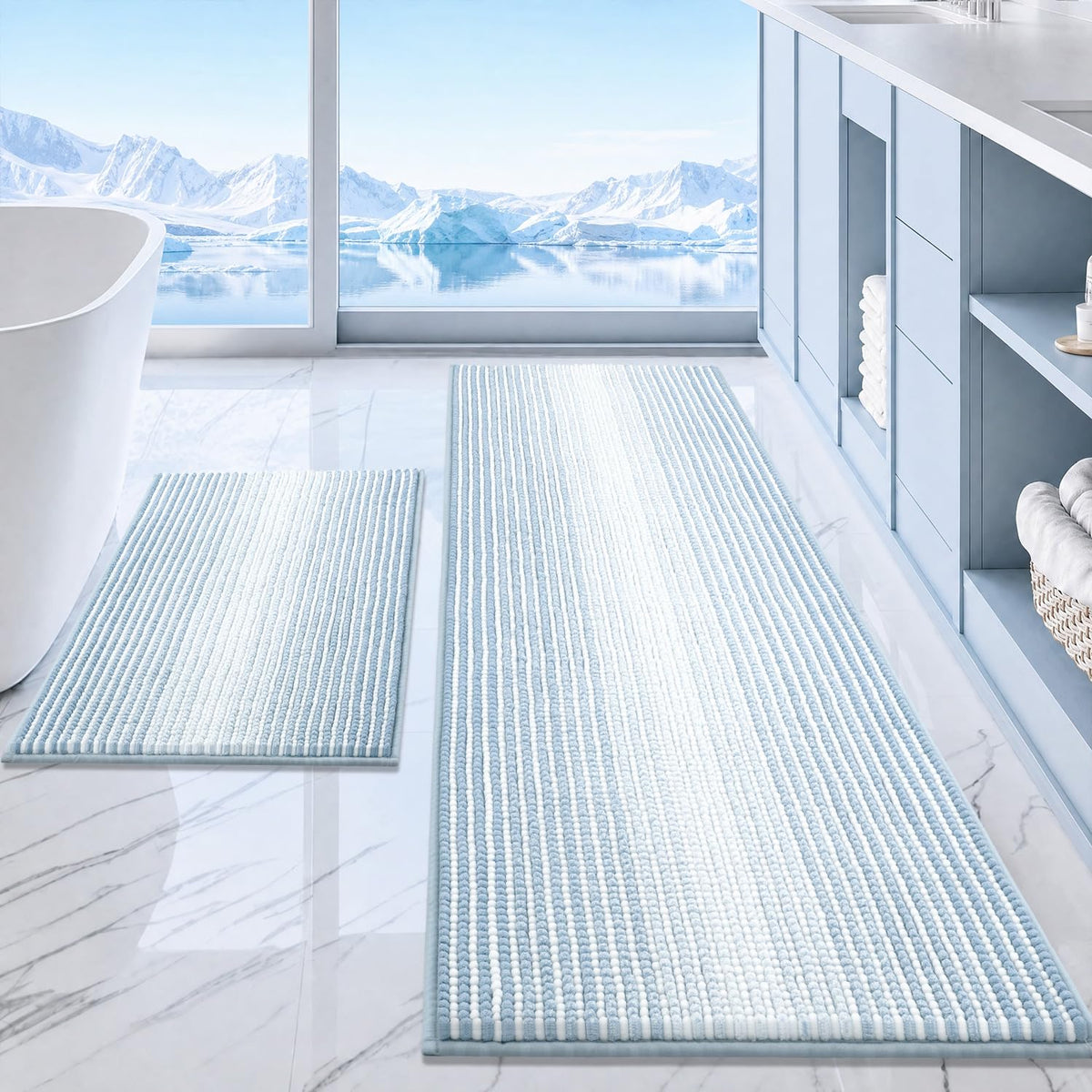 BSICPRO Large Chenille Bathroom Rugs Runner, 20x47 Striped Bath Mats, Beige