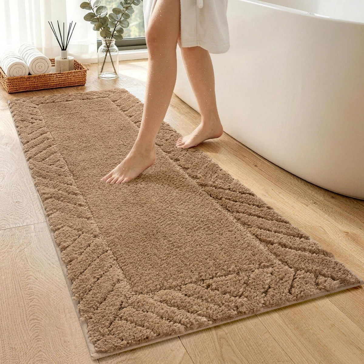 48x17 Long Bathroom Runner Rugs Beige, Non Slip Washable Bath Rugs