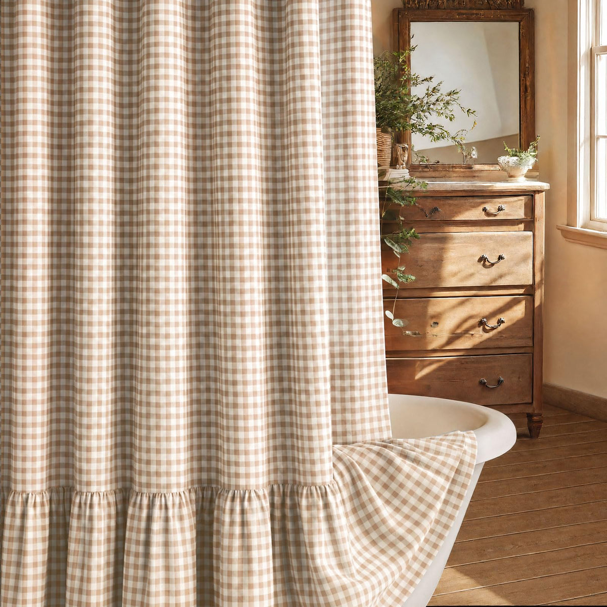 Farmhouse Shower Curtain Ruffle Linen Beige 72" W x 72" L