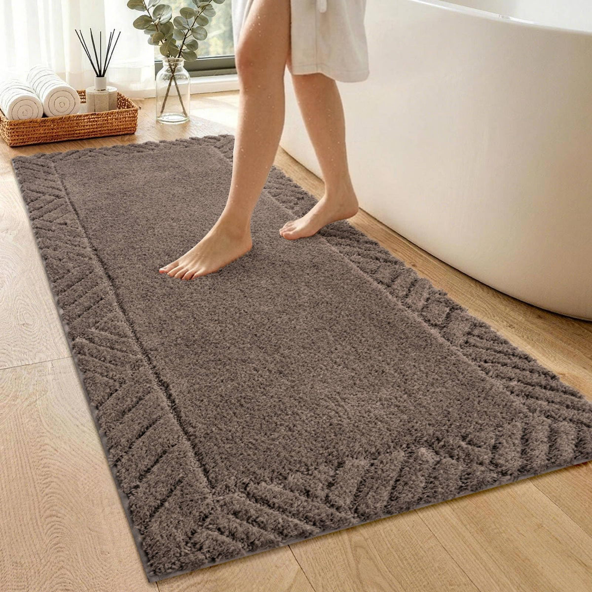 48x17 Long Bathroom Runner Rugs Beige, Non Slip Washable Bath Rugs