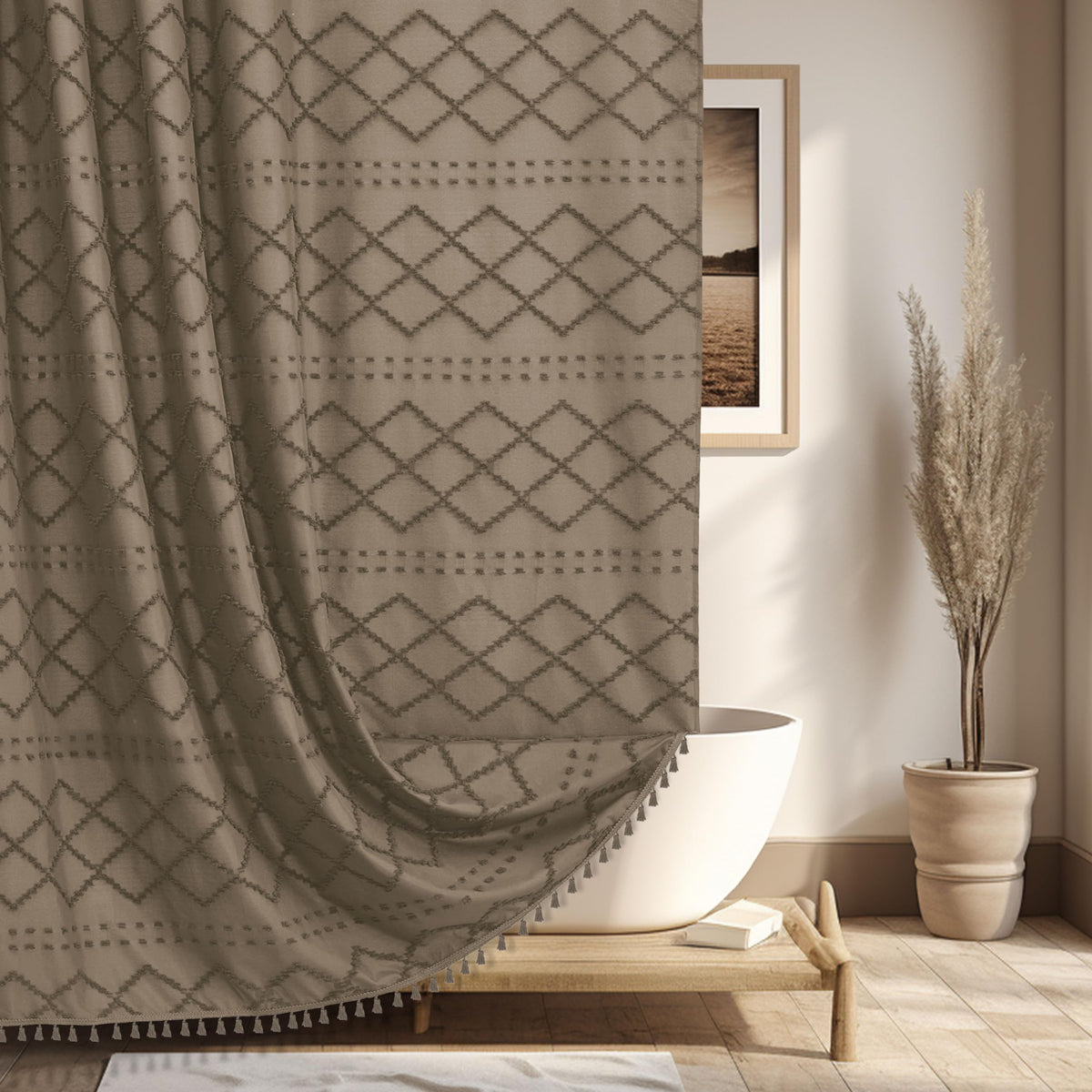 White Boho Shower Curtain Fabric Shower Curtains with Tassel 72 x 72 Modern Textured Shower Curtain Farmhouse Minimalist, Tufted Chevron Striped Shabby Chic, Water Resistant Cloth Curtain for Bathroom