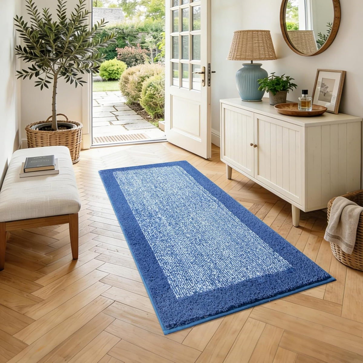 48x24 Long Bathroom Rugs Non Slip Washable, Soft Absorbent Bath Mat Blue