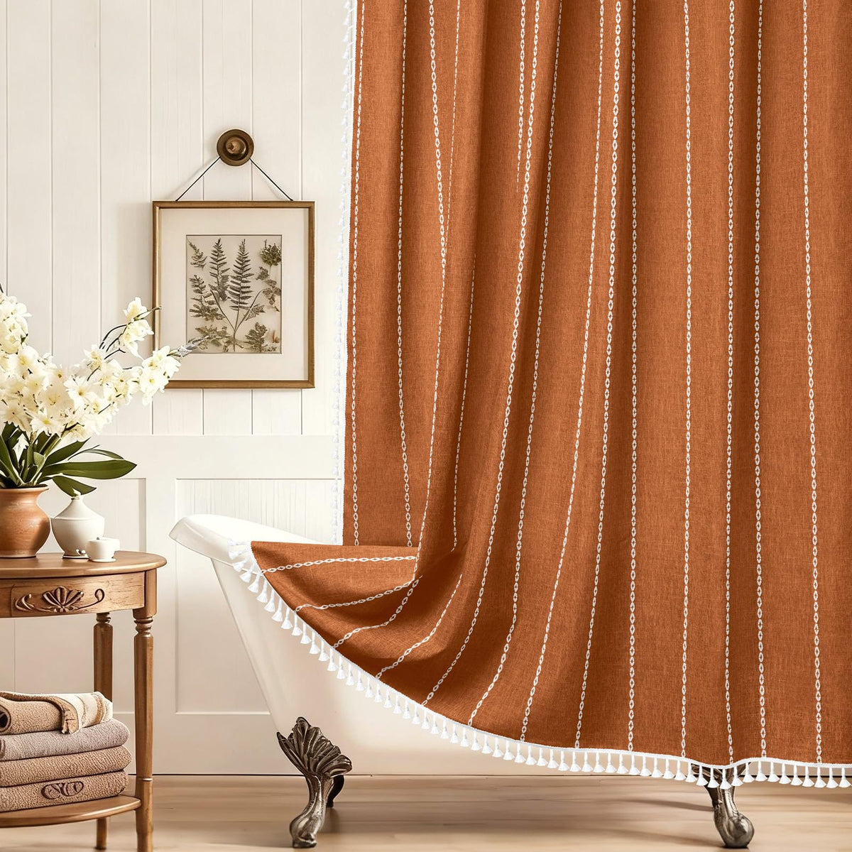 Seenus Boho Farmhouse Linen Shower Curtain with Tassels, Heavyweight Soft Fabric Shower Curtain Beige Water Repellent, 72 x 72 Inch Cream Elegant Bathroom Decor Shower Curtains Cotton Striped