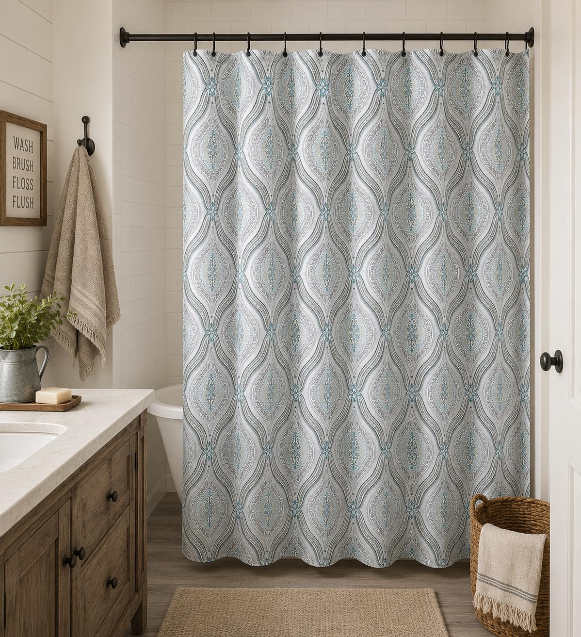 Blue Floral Fabric Shower Curtain Farmhouse Border Design for Bath 72x72