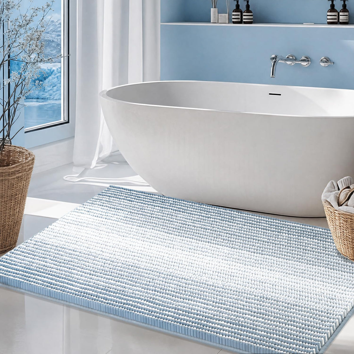 BSICPRO Large Chenille Bathroom Rugs Runner, 20x47 Striped Bath Mats, Beige