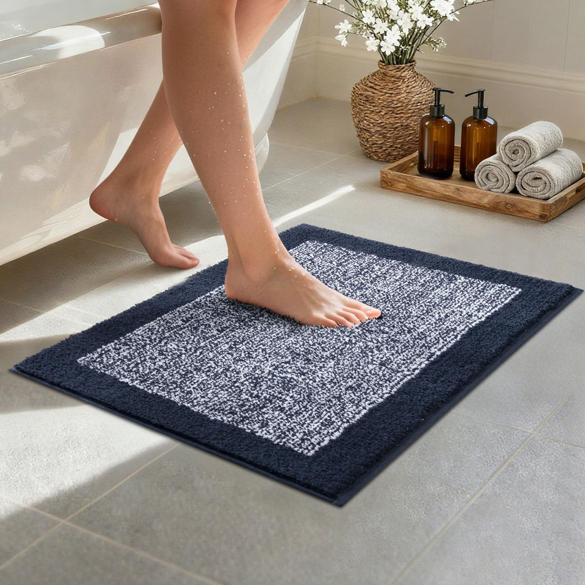 48x24 Long Bathroom Rugs Non Slip Washable, Soft Absorbent Bath Mat Blue
