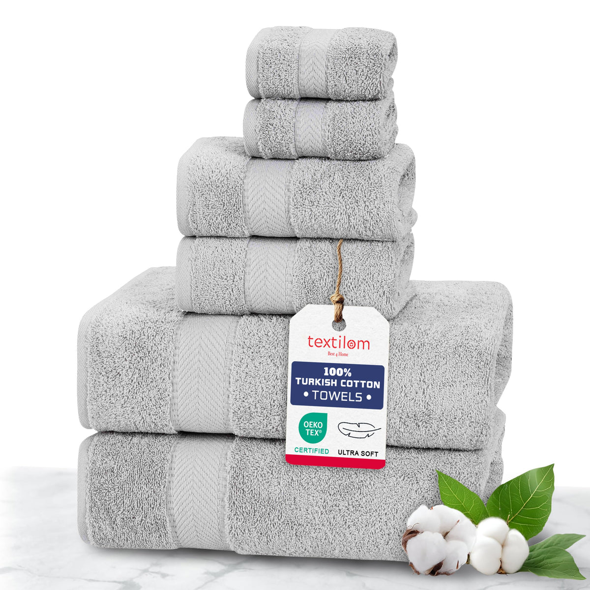 TEXTILOM 100% Turkish Cotton 6 Pcs Luxury Bath Towel Set, Soft & Absorbent Towels for Bathroom (2 Bath Towels, 2 Hand Towel, 2 Washcloths) - Aqua