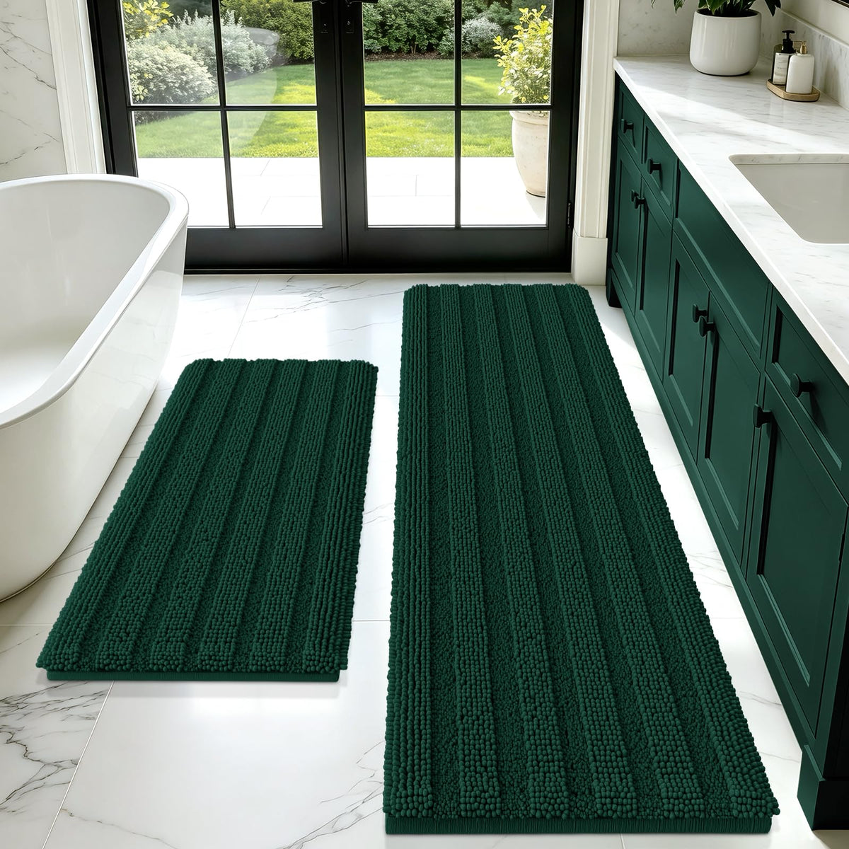 ACCUMTEK Christmas Striped Pink Bathroom Rug Set 3 Pieces Ultra Soft, Non Slip Chenille Toilet Mat, Absorbent Plush Shaggy Bath Mats for Bathroom, Bedroom, Kitchen