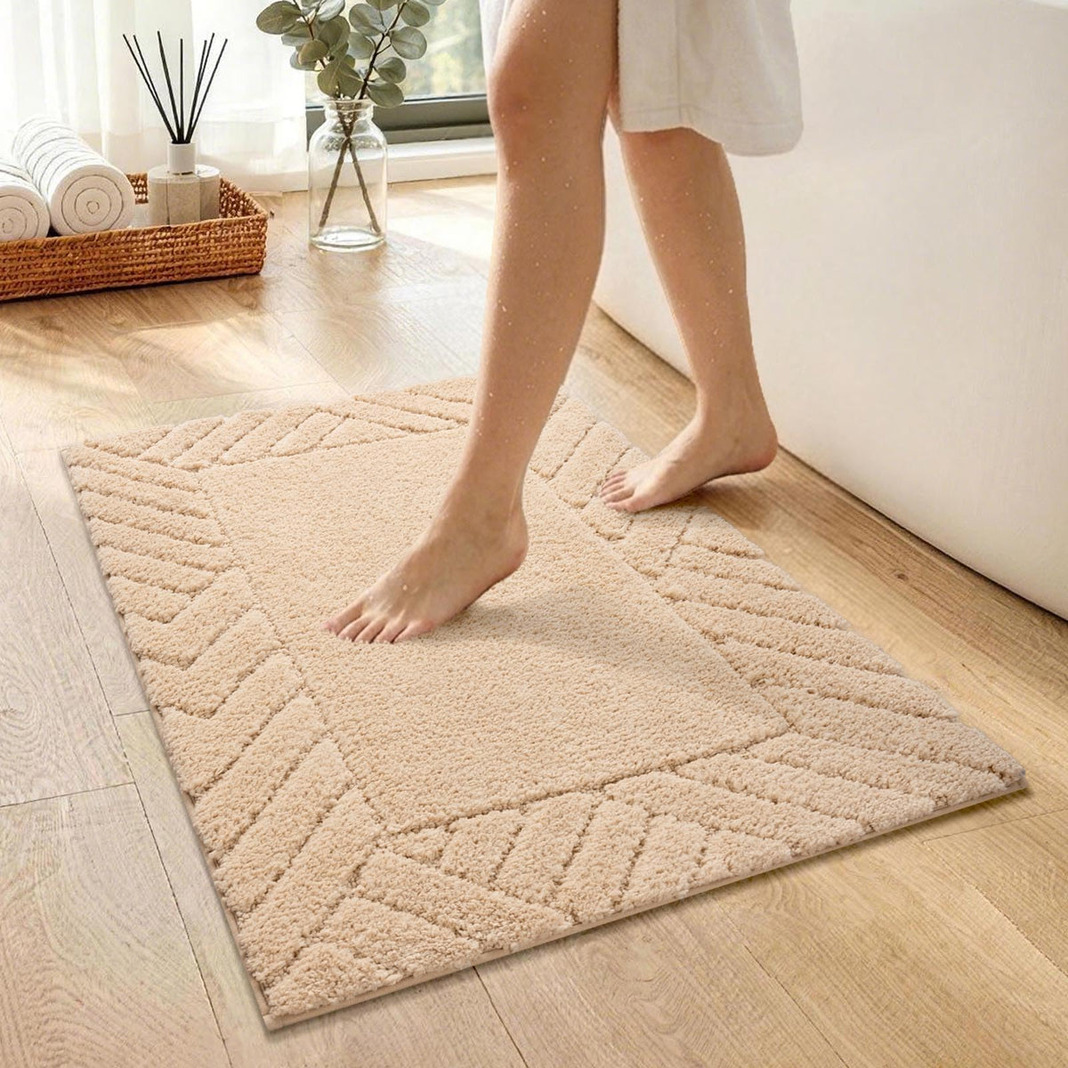 48x17 Long Bathroom Runner Rugs Beige, Non Slip Washable Bath Rugs