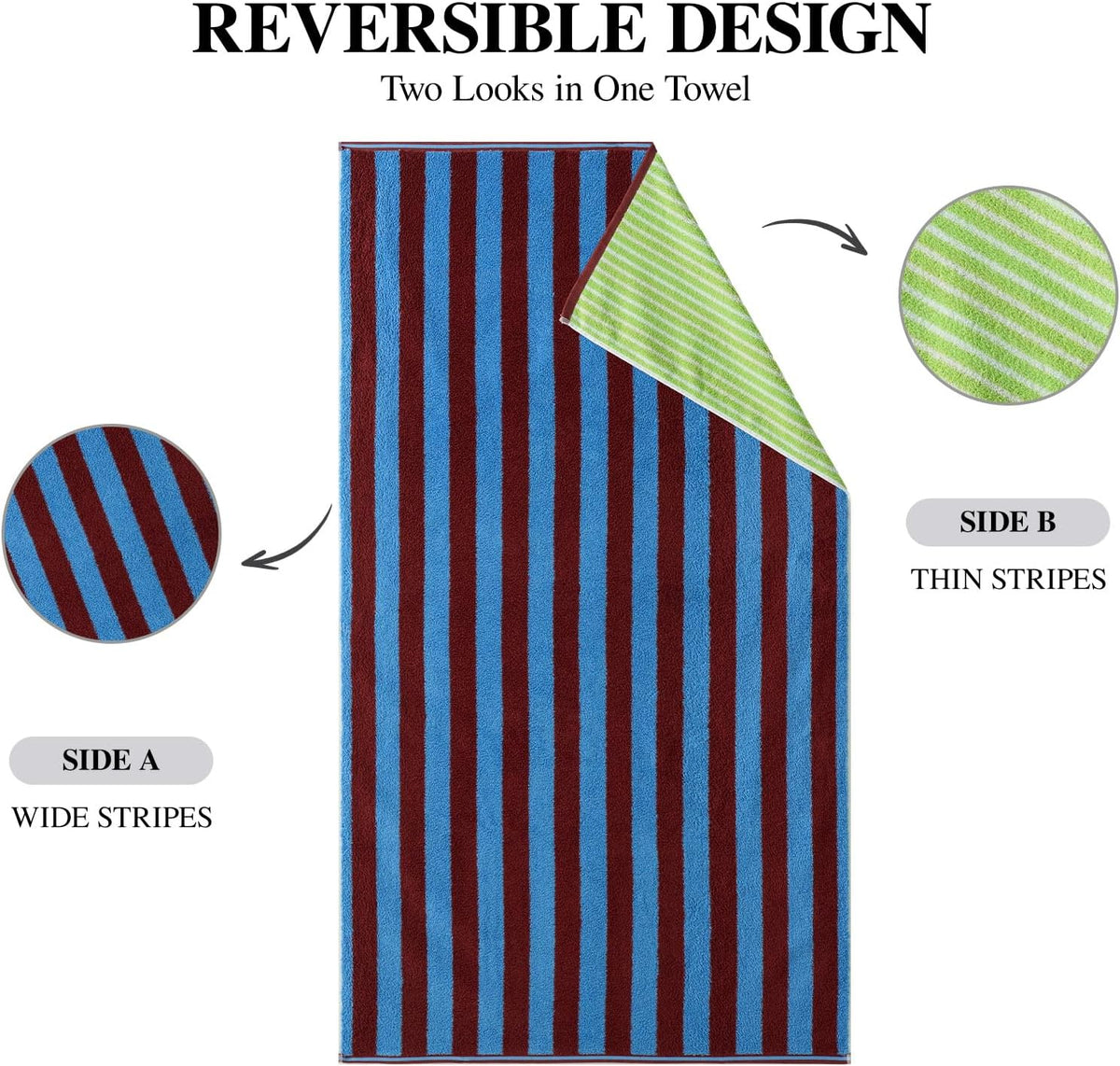ecolook Reversible Striped Towel Set of 6, Soft 100% Cotton, Blue & Green