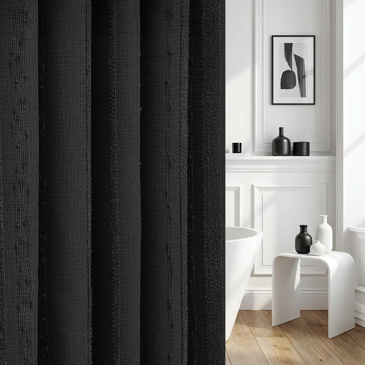 White Shower Curtain Boho, Textured Shower Curtain Cotton Blend Waffle Weave Stripe Fabric Shower Curtains for Bathroom, Hotel, Washable, 72 x 72