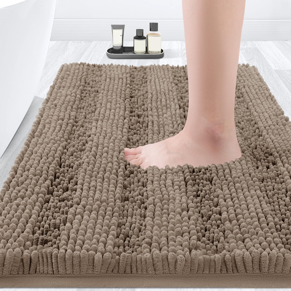 ACCUMTEK Christmas Striped Pink Bathroom Rug Set 3 Pieces Ultra Soft, Non Slip Chenille Toilet Mat, Absorbent Plush Shaggy Bath Mats for Bathroom, Bedroom, Kitchen