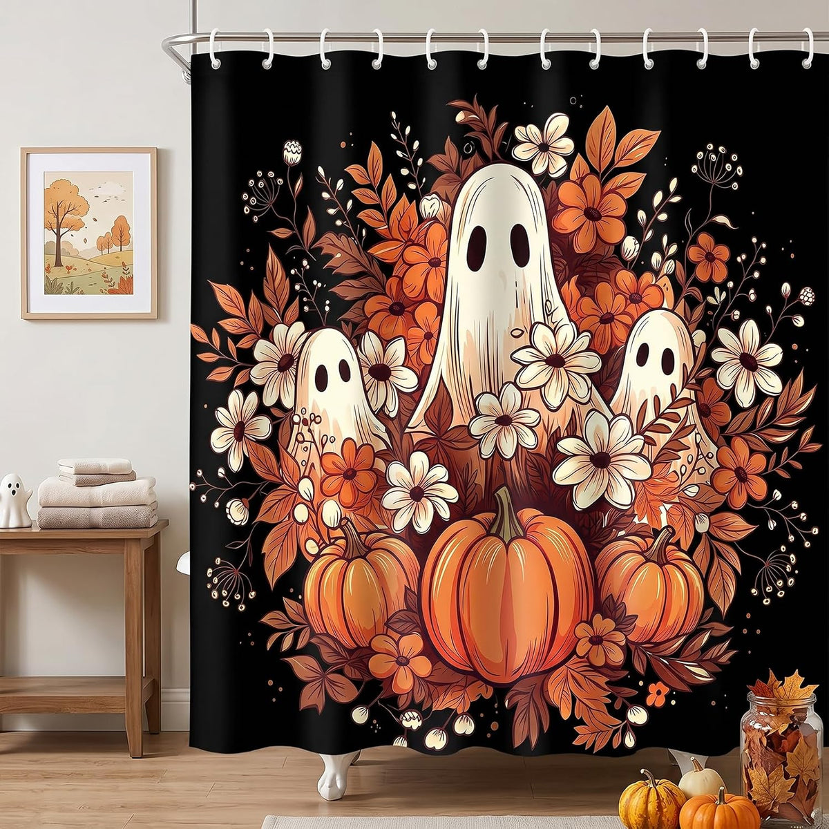Halloween Shower Curtain 71x71in, Ghost Floral Bath Bathroom Decor