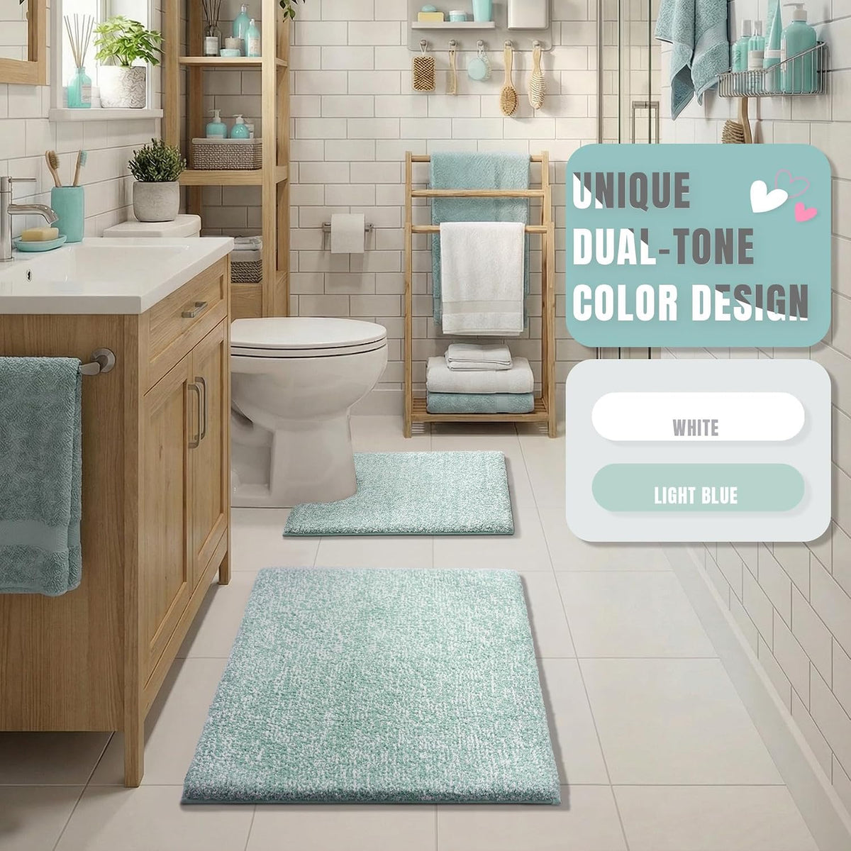 Yimobra Non Slip Machine Washable Bathroom Rug 32x20 Light Blue and White
