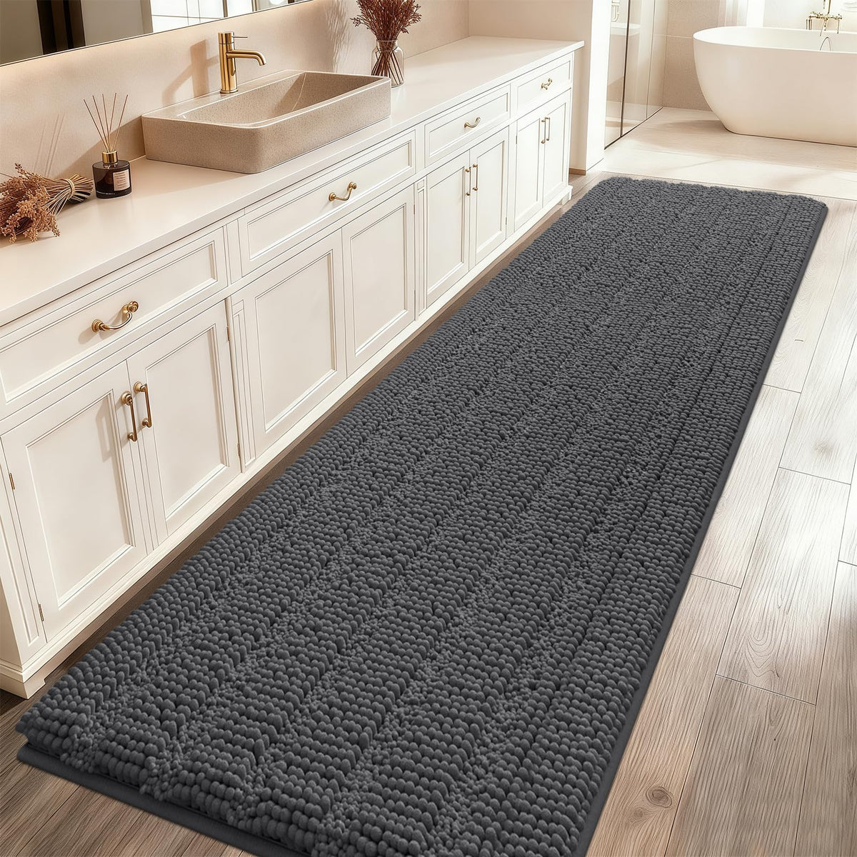 ACCUMTEK Christmas Striped Pink Bathroom Rug Set 3 Pieces Ultra Soft, Non Slip Chenille Toilet Mat, Absorbent Plush Shaggy Bath Mats for Bathroom, Bedroom, Kitchen
