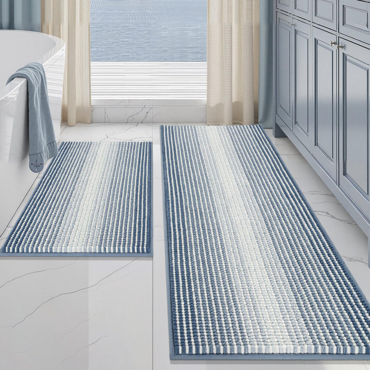 BSICPRO Large Chenille Bathroom Rugs Runner, 20x47 Striped Bath Mats, Beige