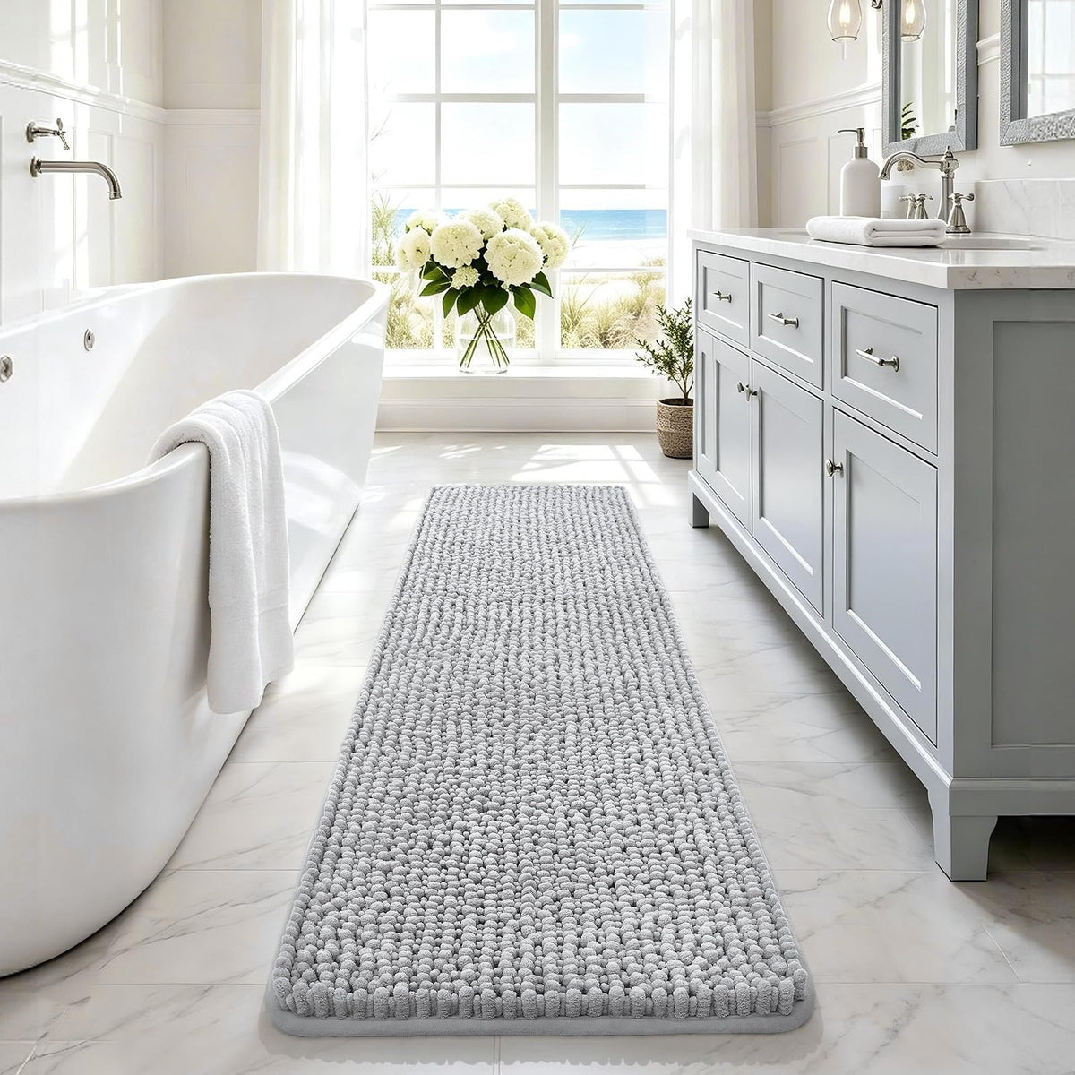 Ophanie Grey Bathroom Rugs 30x20, Soft Chenille Bath Mat, Non Slip Absorbent Quick Dry Light Gray Mats, Machine Washable Thick Small Area Rug Sets,Grip Bathmat for Shower,Toilet,Sink and Indoor Floor