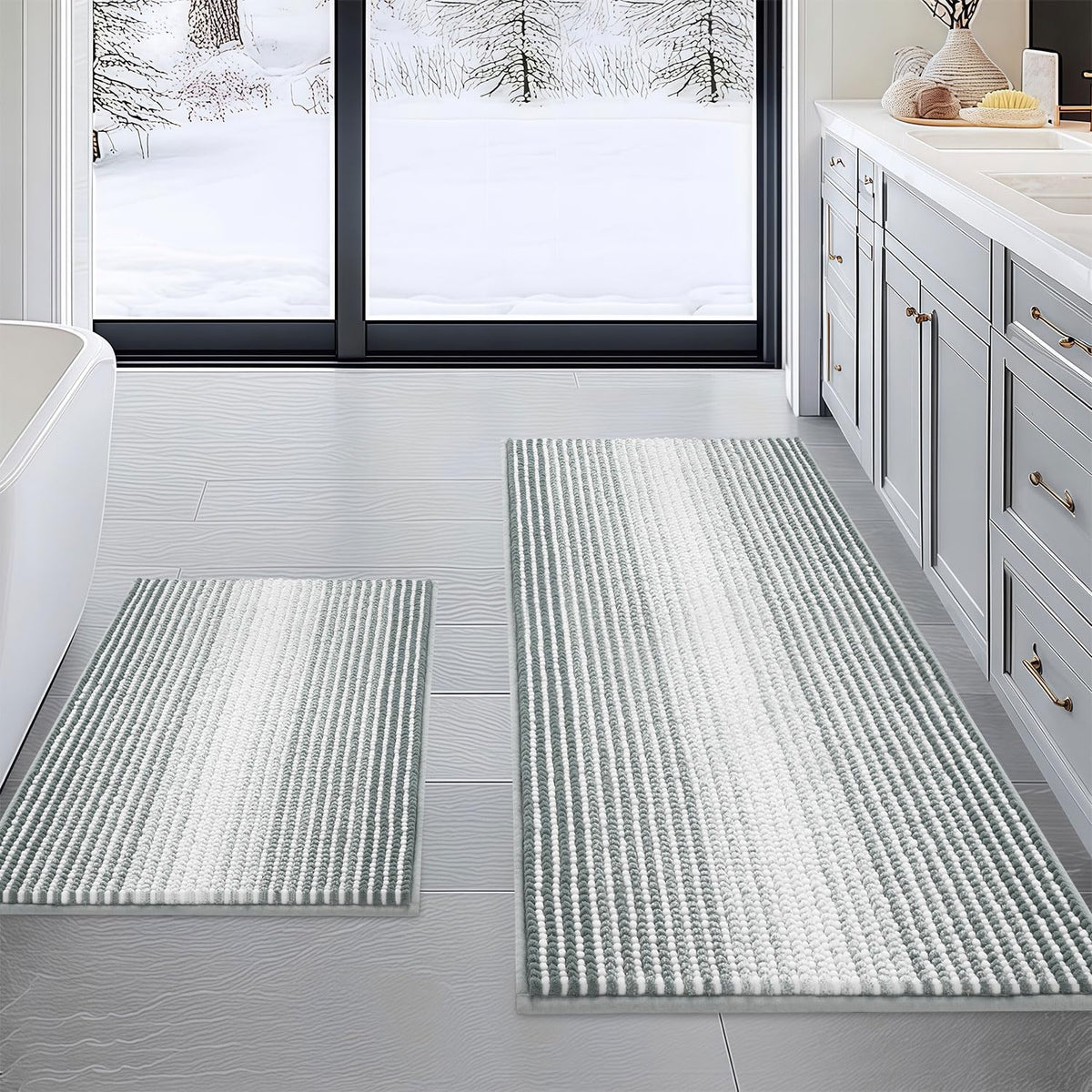 BSICPRO Large Chenille Bathroom Rugs Runner, 20x47 Striped Bath Mats, Beige