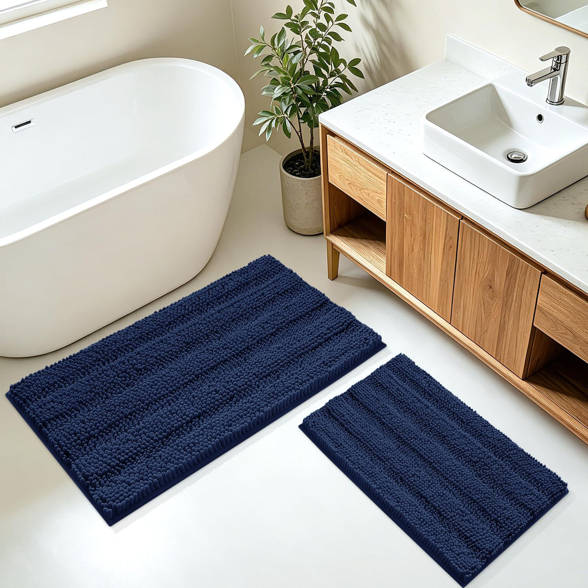ACCUMTEK Christmas Striped Pink Bathroom Rug Set 3 Pieces Ultra Soft, Non Slip Chenille Toilet Mat, Absorbent Plush Shaggy Bath Mats for Bathroom, Bedroom, Kitchen