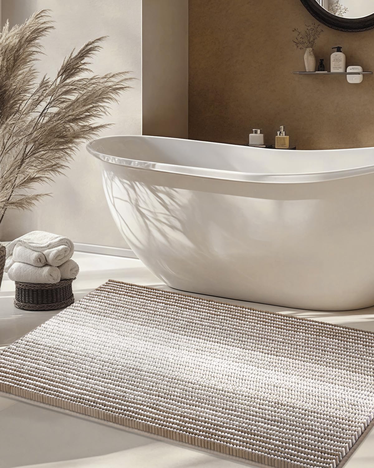 BSICPRO Large Chenille Bathroom Rugs Runner, 20x47 Striped Bath Mats, Beige