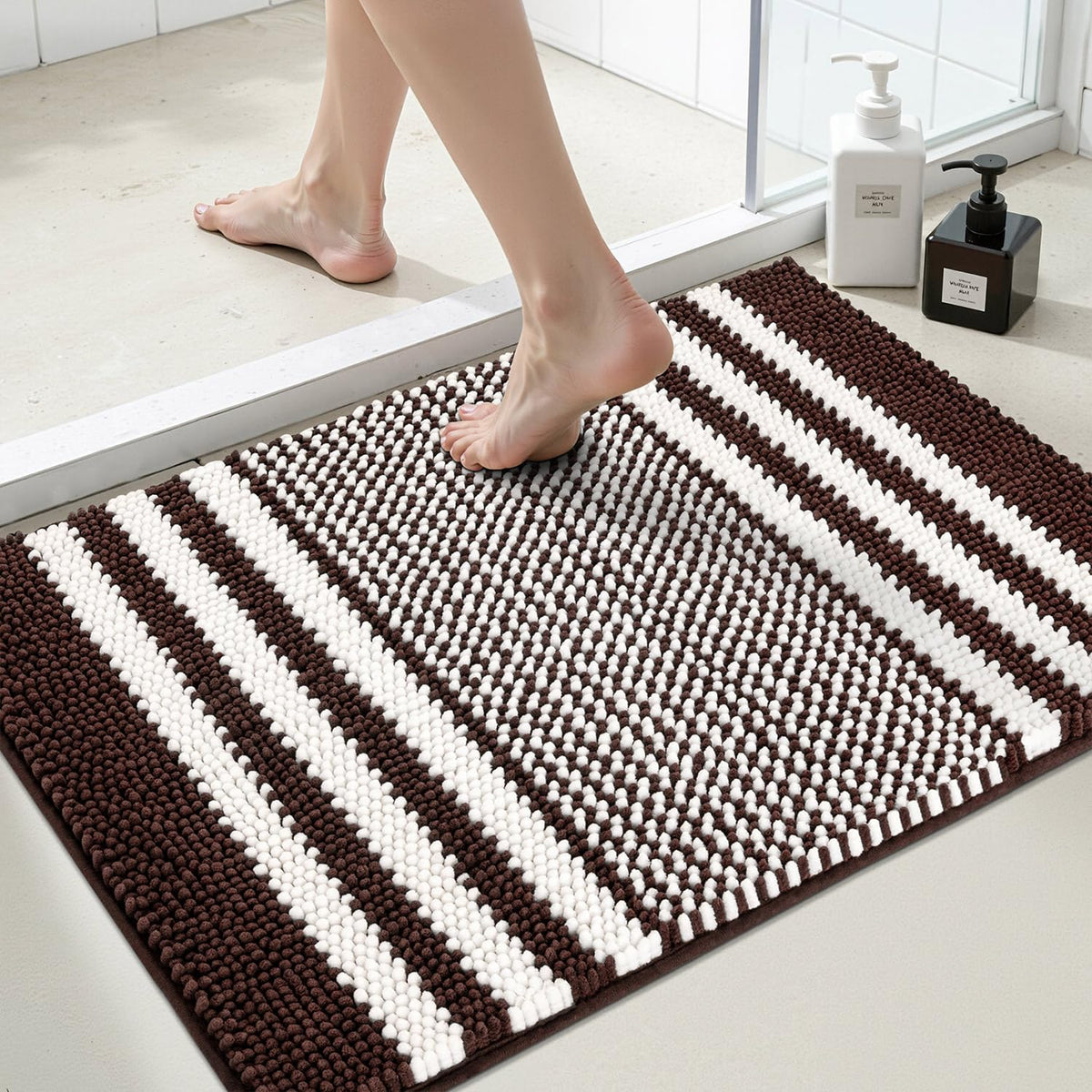 BSICPRO Large Chenille Bathroom Rugs Runner, 20x47 Striped Bath Mats, Beige