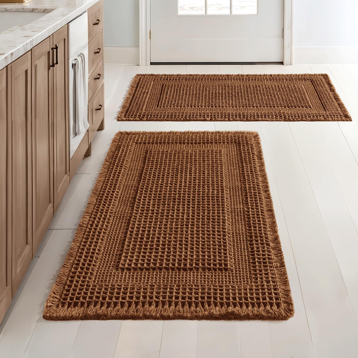 MIULEE Set of 2 Waffle Bathroom Rugs Brown&Cream Boho Bath Mat 17x24+18x30
