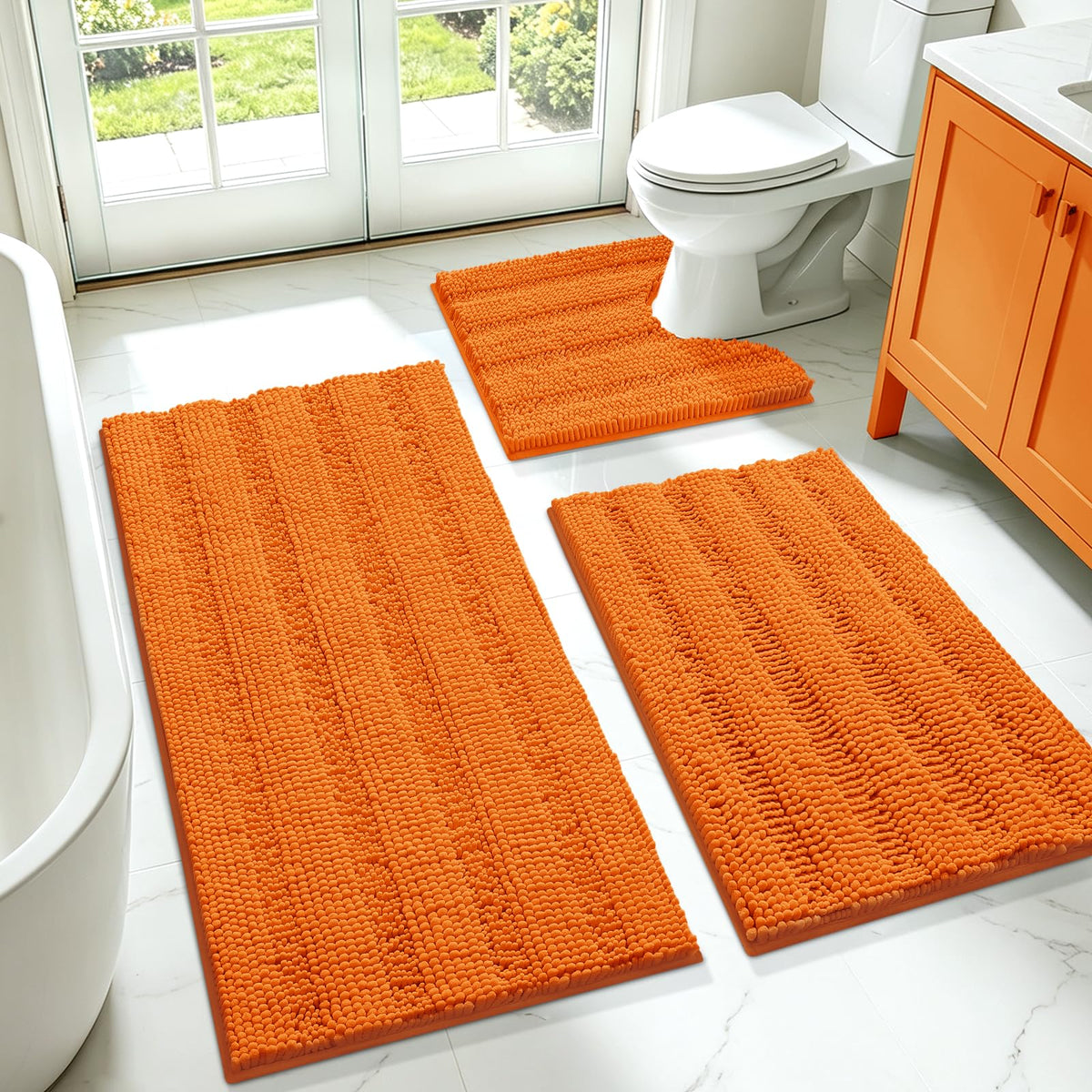 ACCUMTEK Christmas Striped Pink Bathroom Rug Set 3 Pieces Ultra Soft, Non Slip Chenille Toilet Mat, Absorbent Plush Shaggy Bath Mats for Bathroom, Bedroom, Kitchen