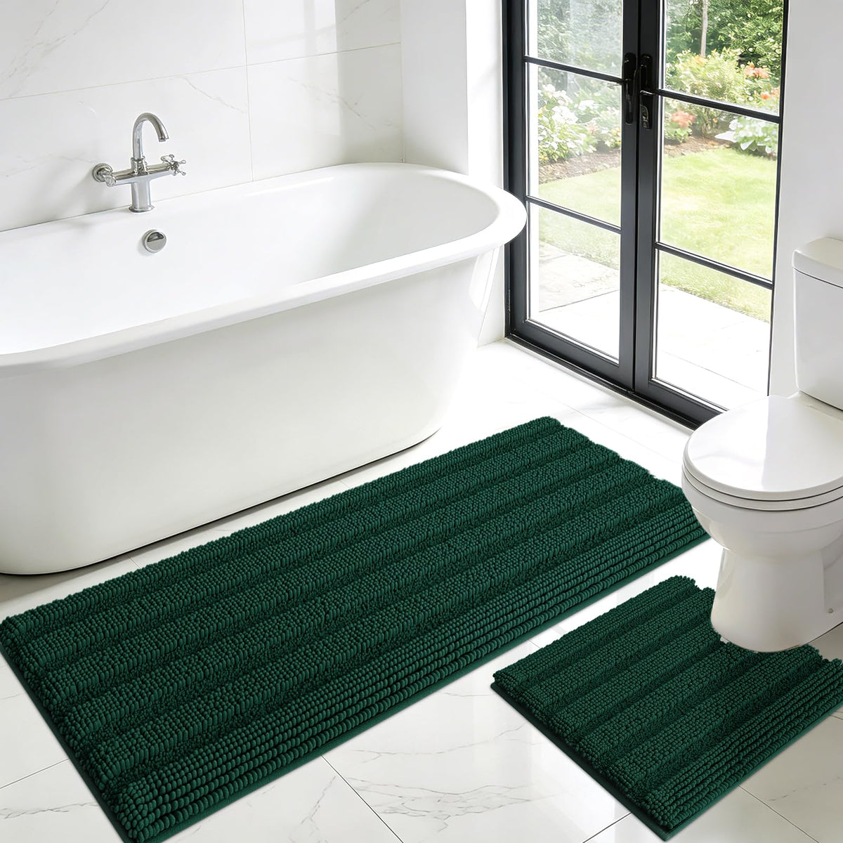 ACCUMTEK Christmas Striped Pink Bathroom Rug Set 3 Pieces Ultra Soft, Non Slip Chenille Toilet Mat, Absorbent Plush Shaggy Bath Mats for Bathroom, Bedroom, Kitchen