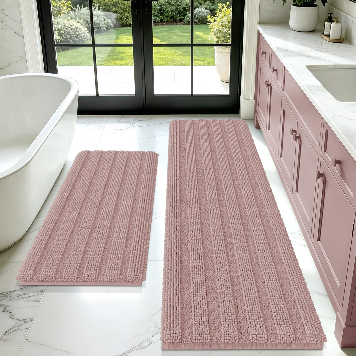 ACCUMTEK Christmas Striped Pink Bathroom Rug Set 3 Pieces Ultra Soft, Non Slip Chenille Toilet Mat, Absorbent Plush Shaggy Bath Mats for Bathroom, Bedroom, Kitchen