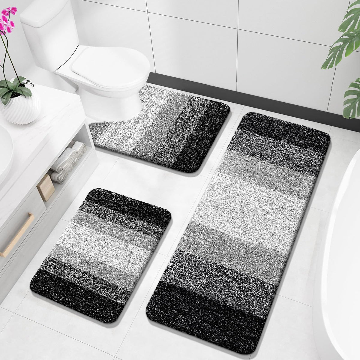 OLANLY Microfiber Bathroom Rugs Sets 3 Piece, Absorbent Bath Mats, Grey