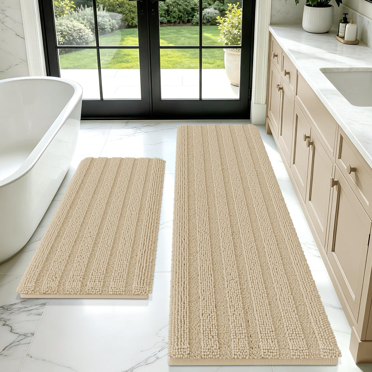 ACCUMTEK Christmas Striped Pink Bathroom Rug Set 3 Pieces Ultra Soft, Non Slip Chenille Toilet Mat, Absorbent Plush Shaggy Bath Mats for Bathroom, Bedroom, Kitchen