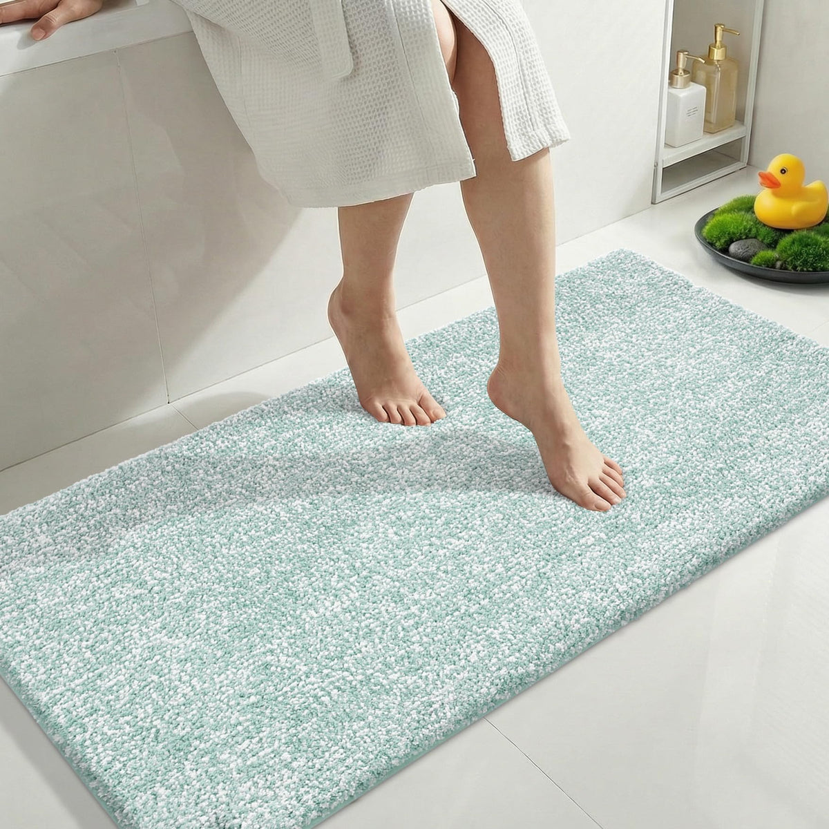 Yimobra Non Slip Machine Washable Bathroom Rug 32x20 Light Blue and White