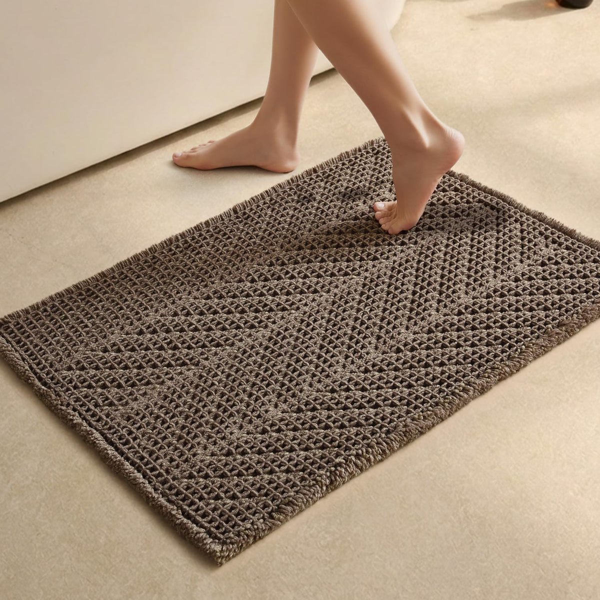 Sunfly Boho Herringbone Waffle Bath Mat, Ultra Soft Non-Slip Bathroom Rug - Super Absorbent & Quick Dry, Washable Bath Rug for Bathroom 16"x24" Taupe