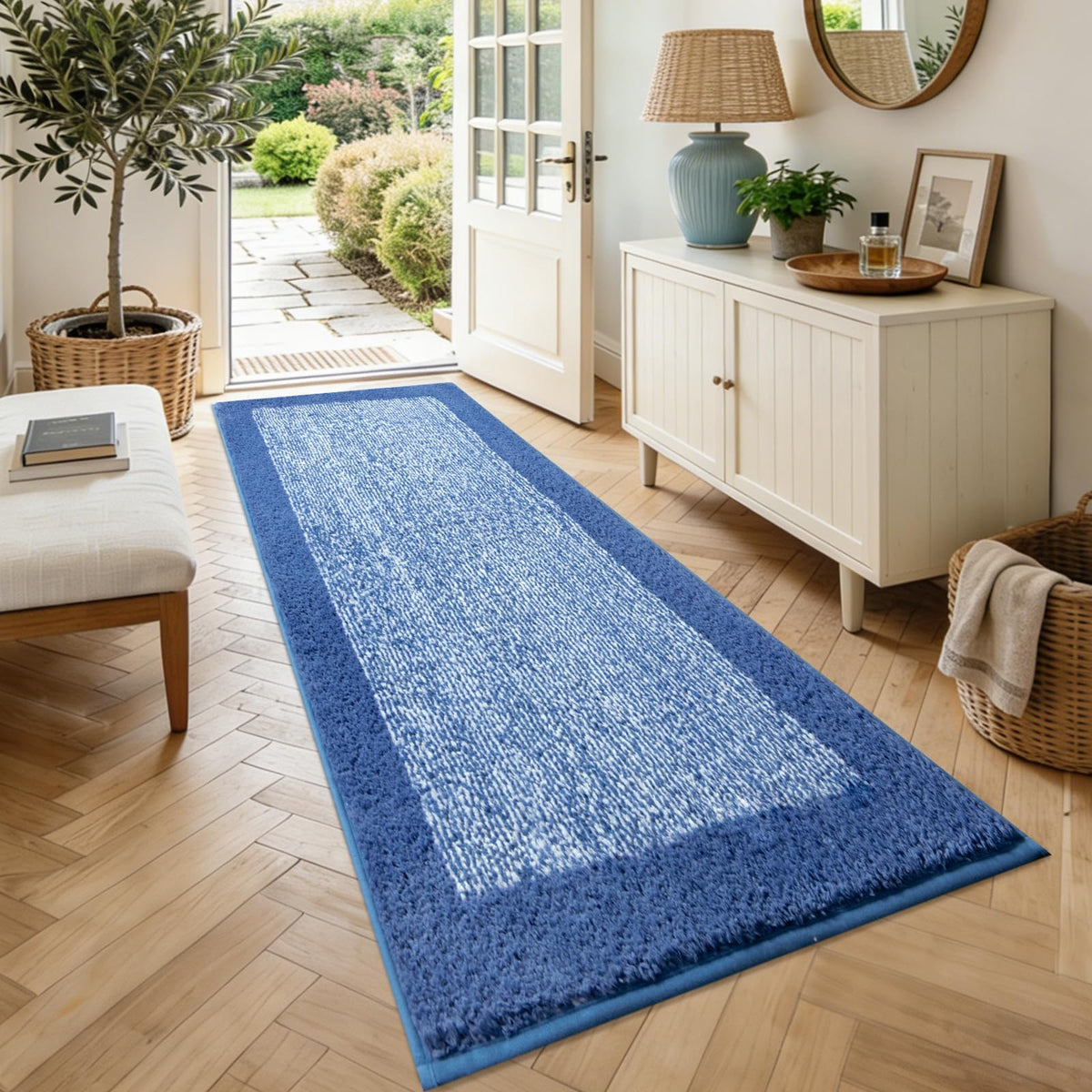 48x24 Long Bathroom Rugs Non Slip Washable, Soft Absorbent Bath Mat Blue