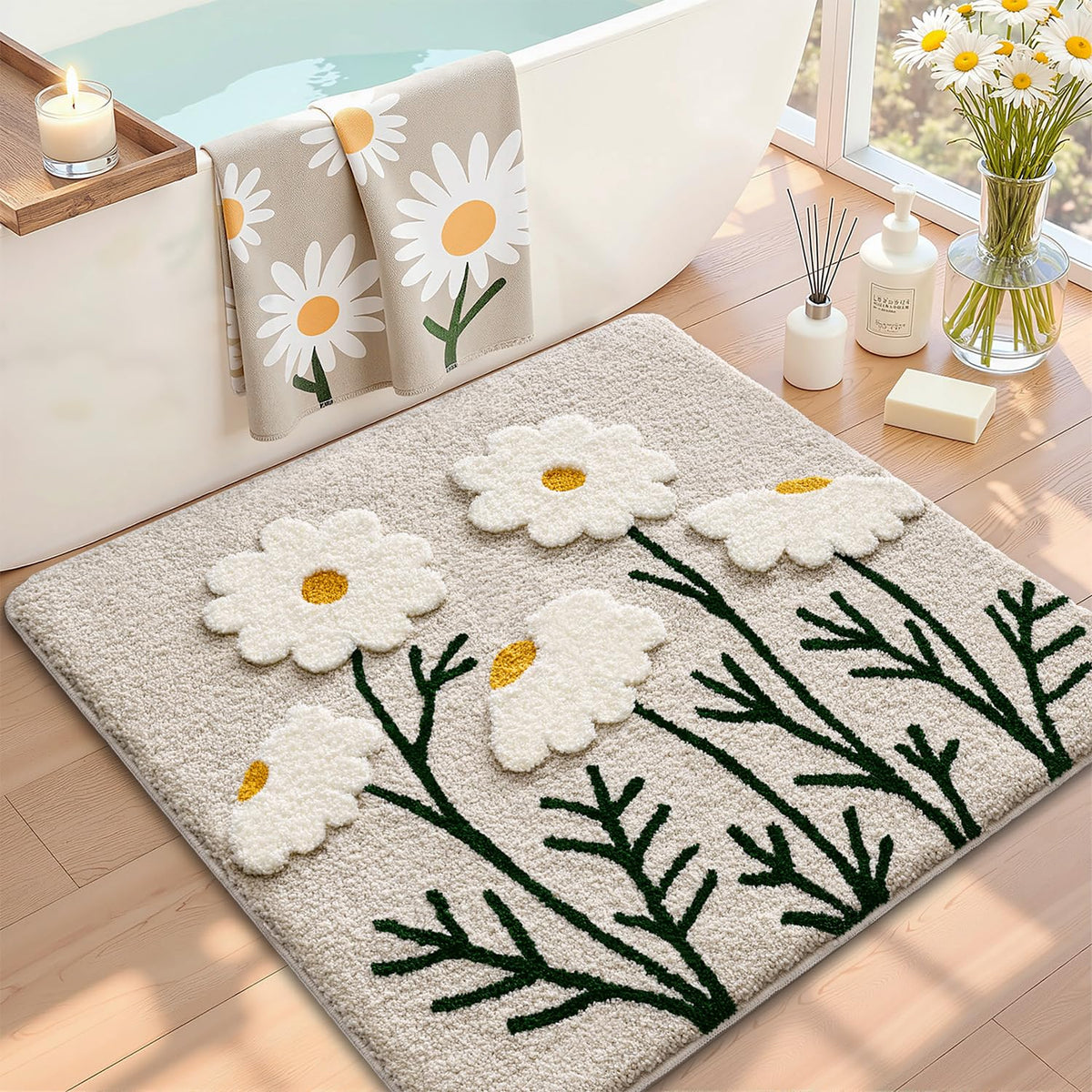 LUMI Square Beach Bathroom Rug 32x32, Soft Absorbent Bath Mat, Non Slip