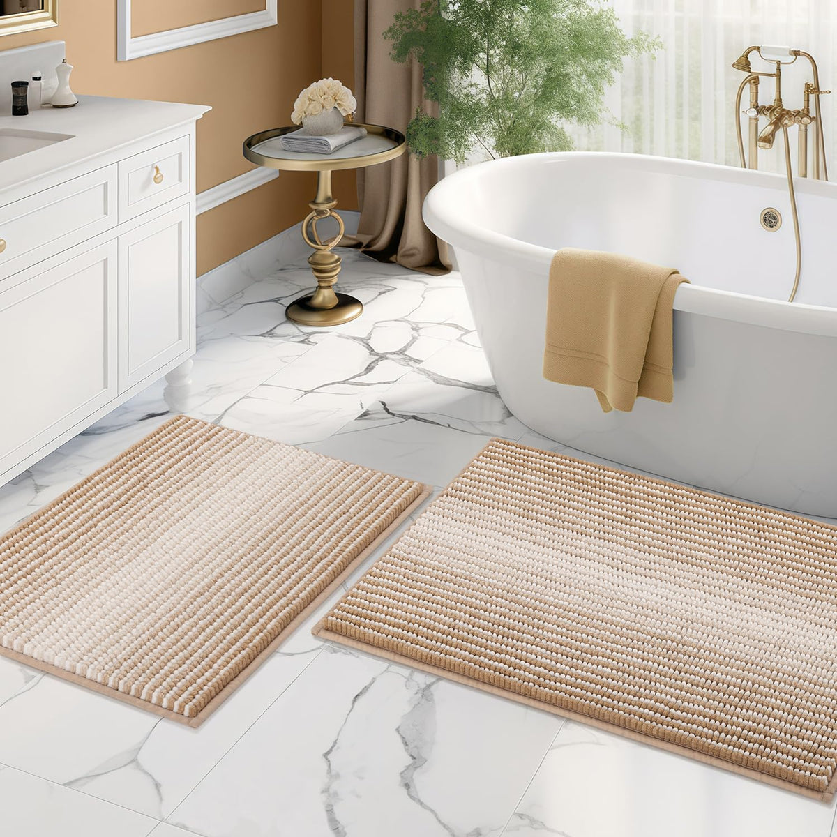 BSICPRO Large Chenille Bathroom Rugs Runner, 20x47 Striped Bath Mats, Beige