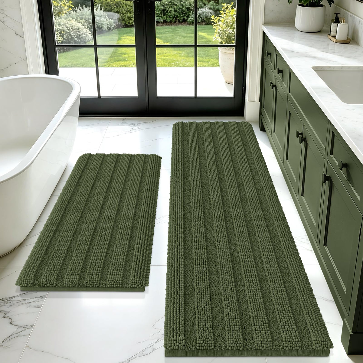 ACCUMTEK Christmas Striped Pink Bathroom Rug Set 3 Pieces Ultra Soft, Non Slip Chenille Toilet Mat, Absorbent Plush Shaggy Bath Mats for Bathroom, Bedroom, Kitchen
