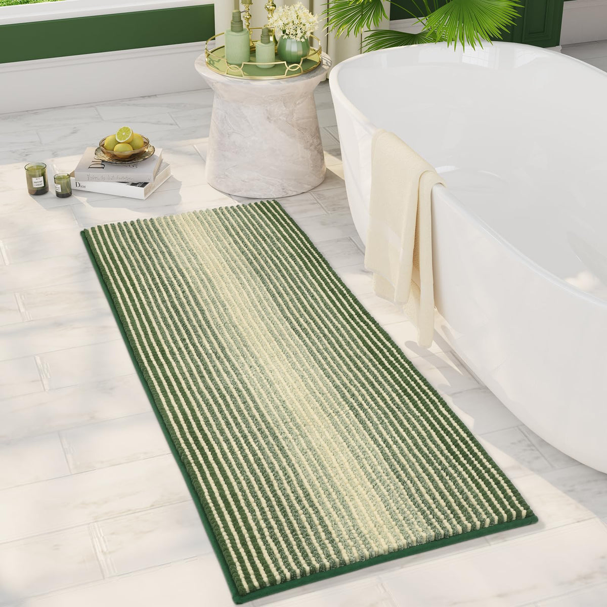 BSICPRO Large Chenille Bathroom Rugs Runner, 20x47 Striped Bath Mats, Beige