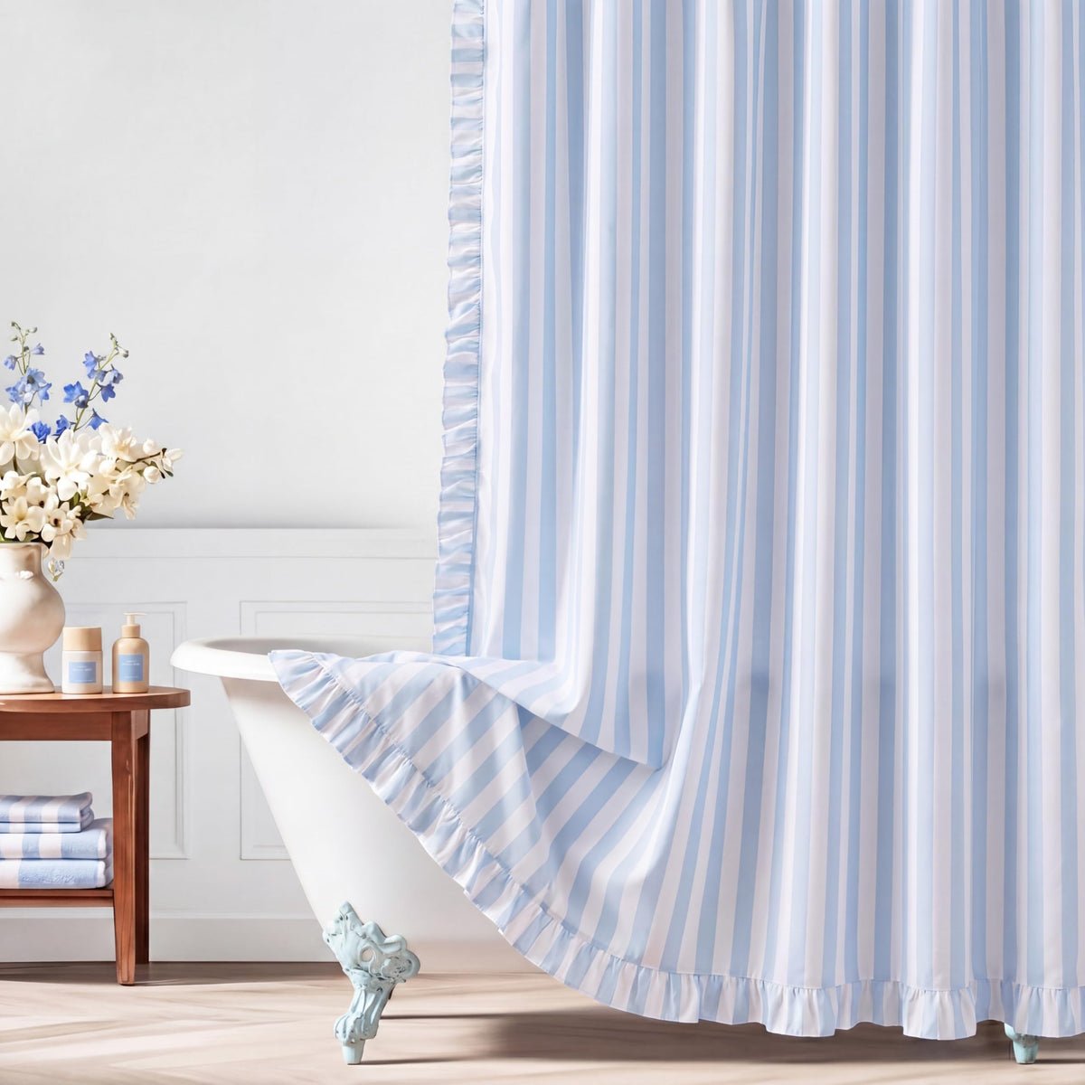 Pink Ruffled Striped Shower Curtain